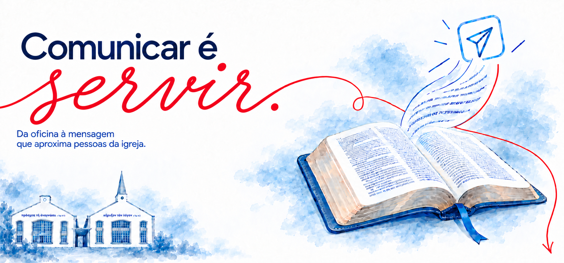 Comunicar é servir. Fachada da faculdade e Bíblia aberta; um fio vermelho conduz à próxima seção.